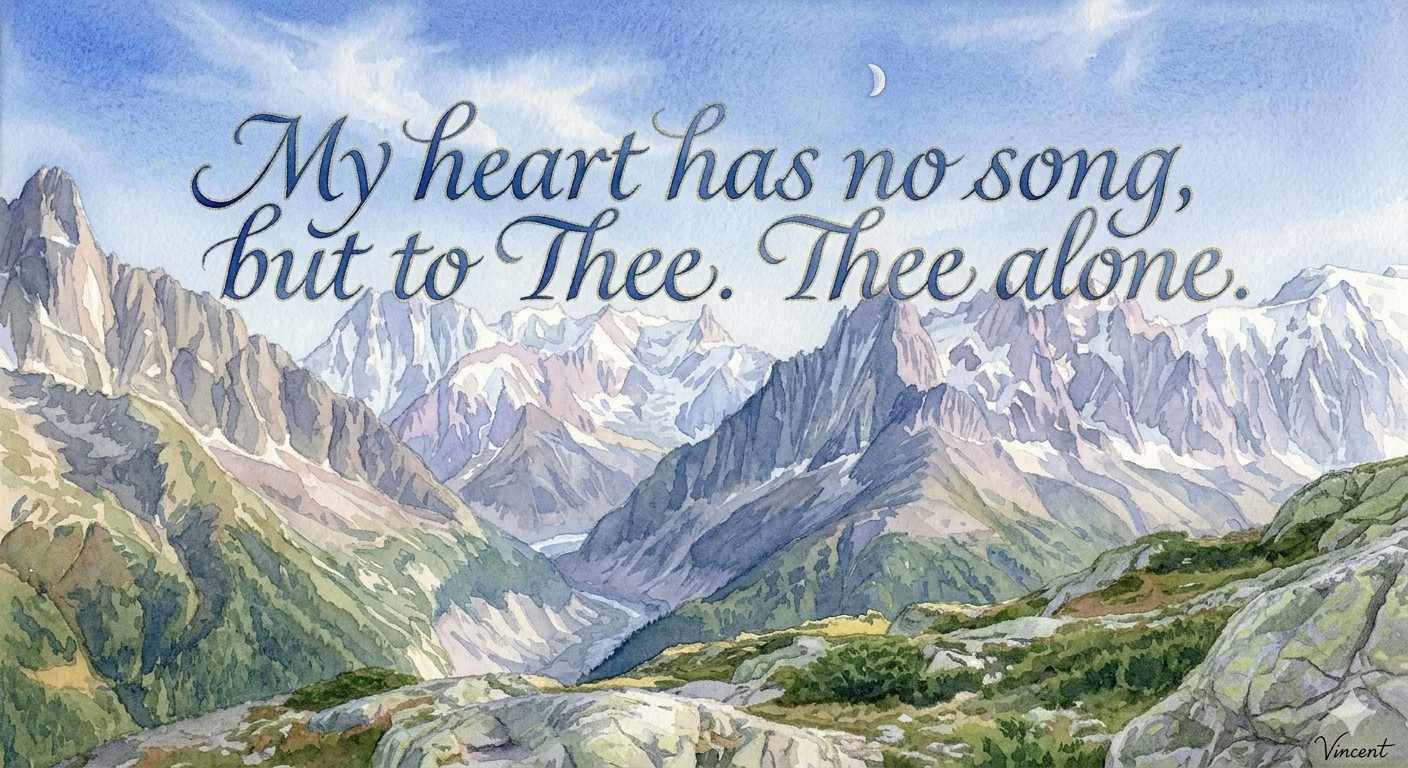 Watercolor landscape of mountains with snow-capped peaks, green valleys, and a blue sky with a small crescent moon. Overlaid text reads: 'My heart has no song, but to Thee. Thee alone.'