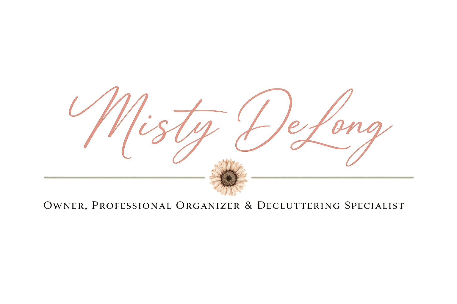 Business card for Misty J. Delony, owner, professional organizer and decluttering specialist, featuring a pink neon-style script of her name, a flower graphic, and black and white text.