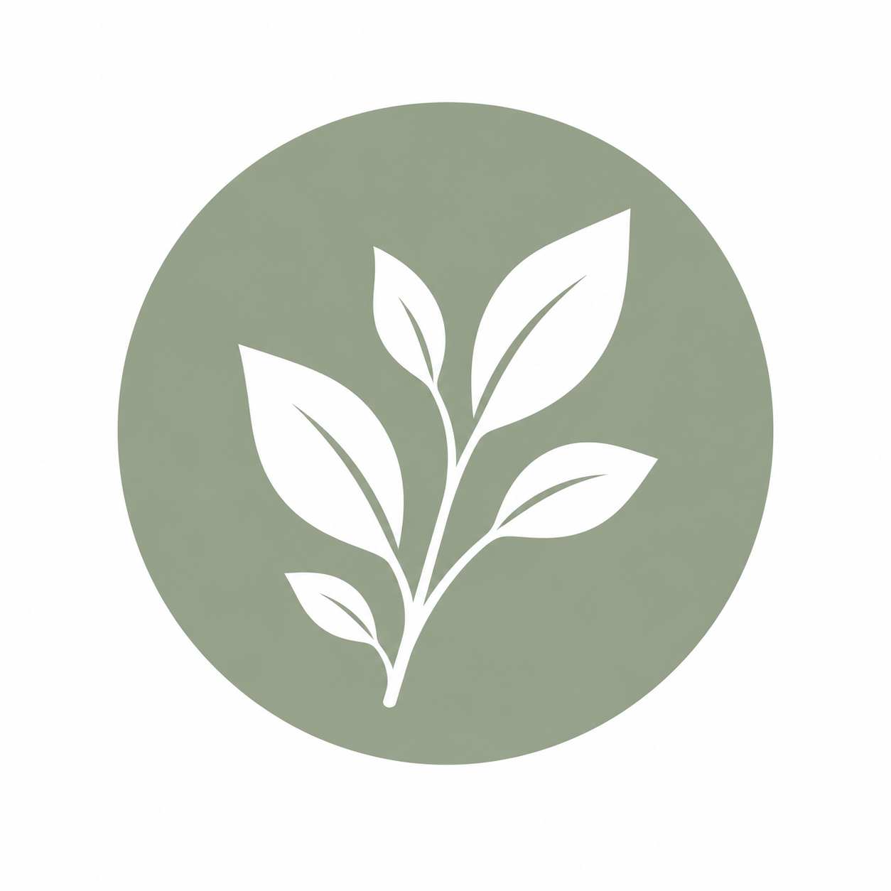 Green circular badge with a white plant with five leaves in the center.