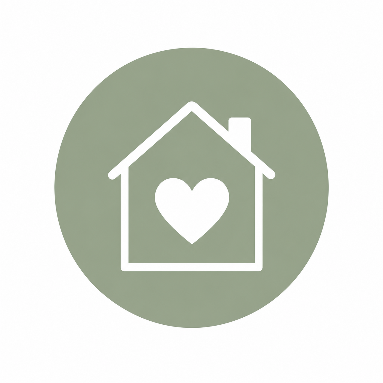 Icon of a house with a heart inside, set against a green circular background.