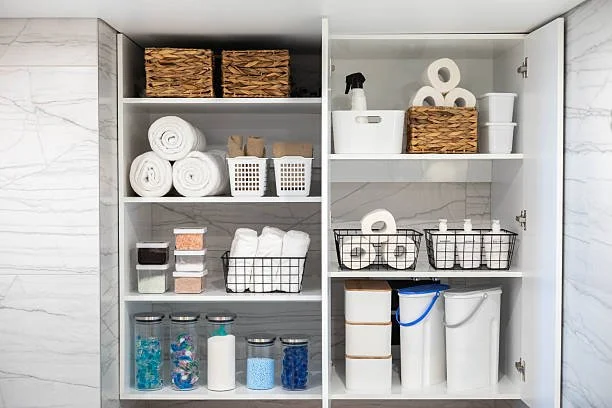 Bathroom cabinet with towels, storage baskets, cleaning supplies, and toiletries organized on shelves.