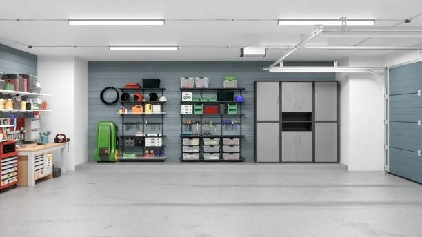 Clean garage with organized shelves and storage bins