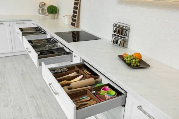 Kitchen countertop with open drawers containing utensils, a black plate with grapes and oranges, and small spice jars.
