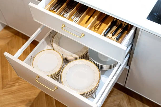 Open drawer with neatly stacked white plates with gold rims in a kitchen cabinet.