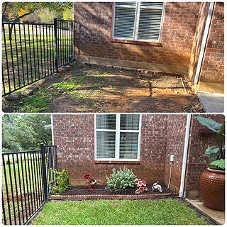 Comparison of backyard area before and after landscaping with grass, flower bed, and decor.