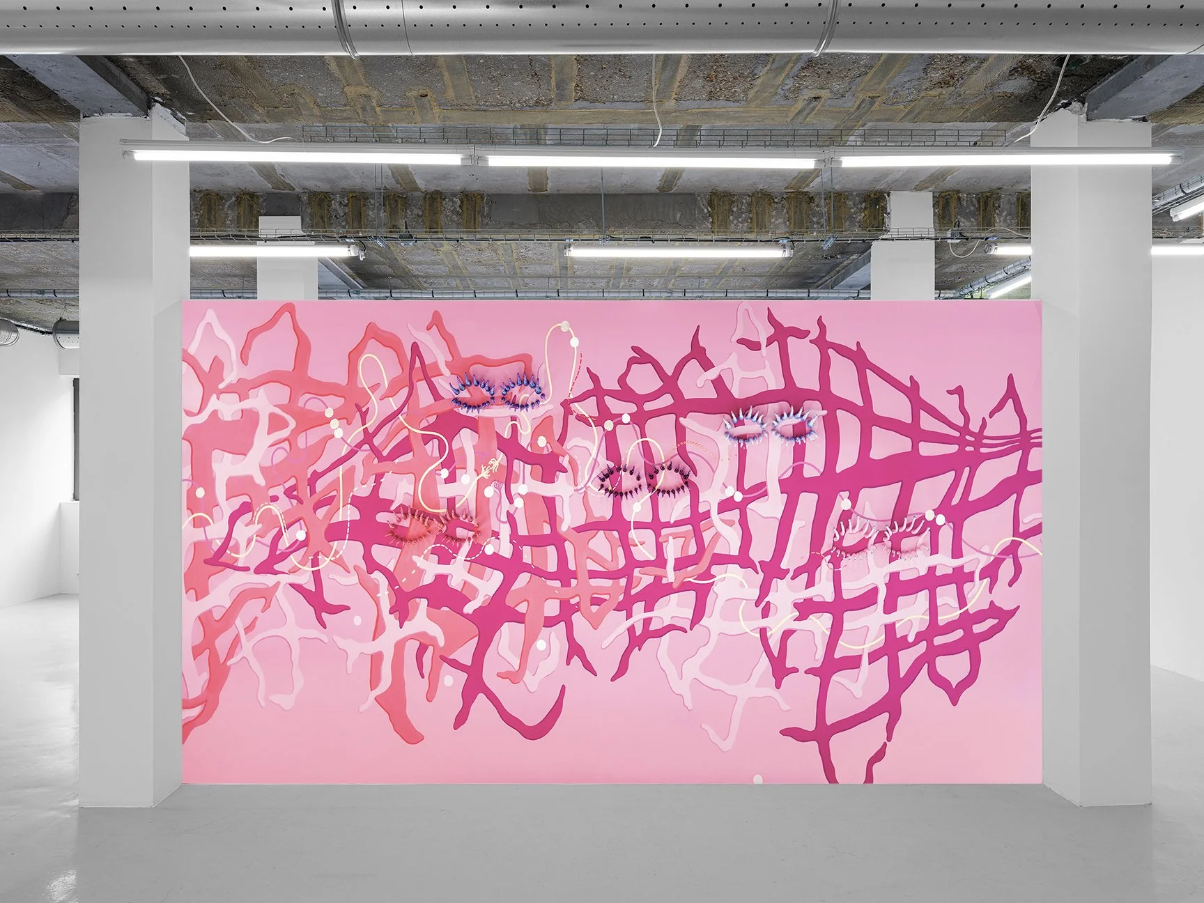 Ali Hval

Eye Spies (Installation View), 2026, ceramic, acrylic, rhinestones, holographic vinyl, beads, mural

Growing up in the southern US, being surrounded by rigid expectations of what it meant to be a “proper” woman was the norm. My work challen
