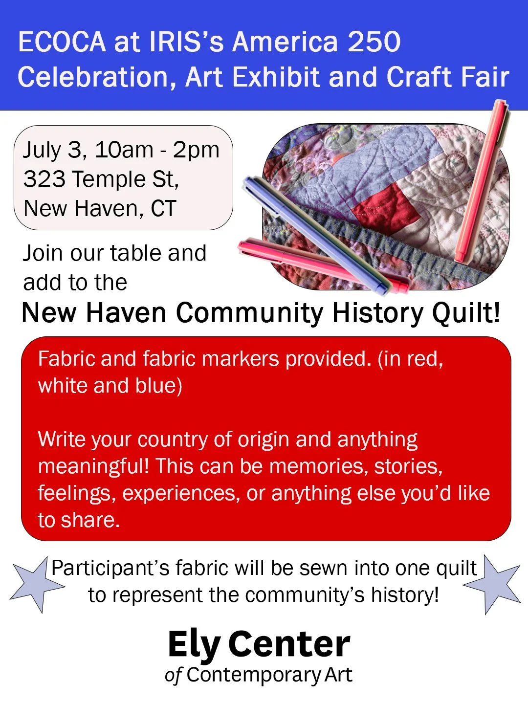 We will be at the Art Exhibit and Craft Fair hosted by IRIS at their America 250th celebration!

The event will be on July 3, from 10am to 2pm. It will take place at The Parish House of United Church at 323 Temple Street, New Haven CT.

Join us at ou