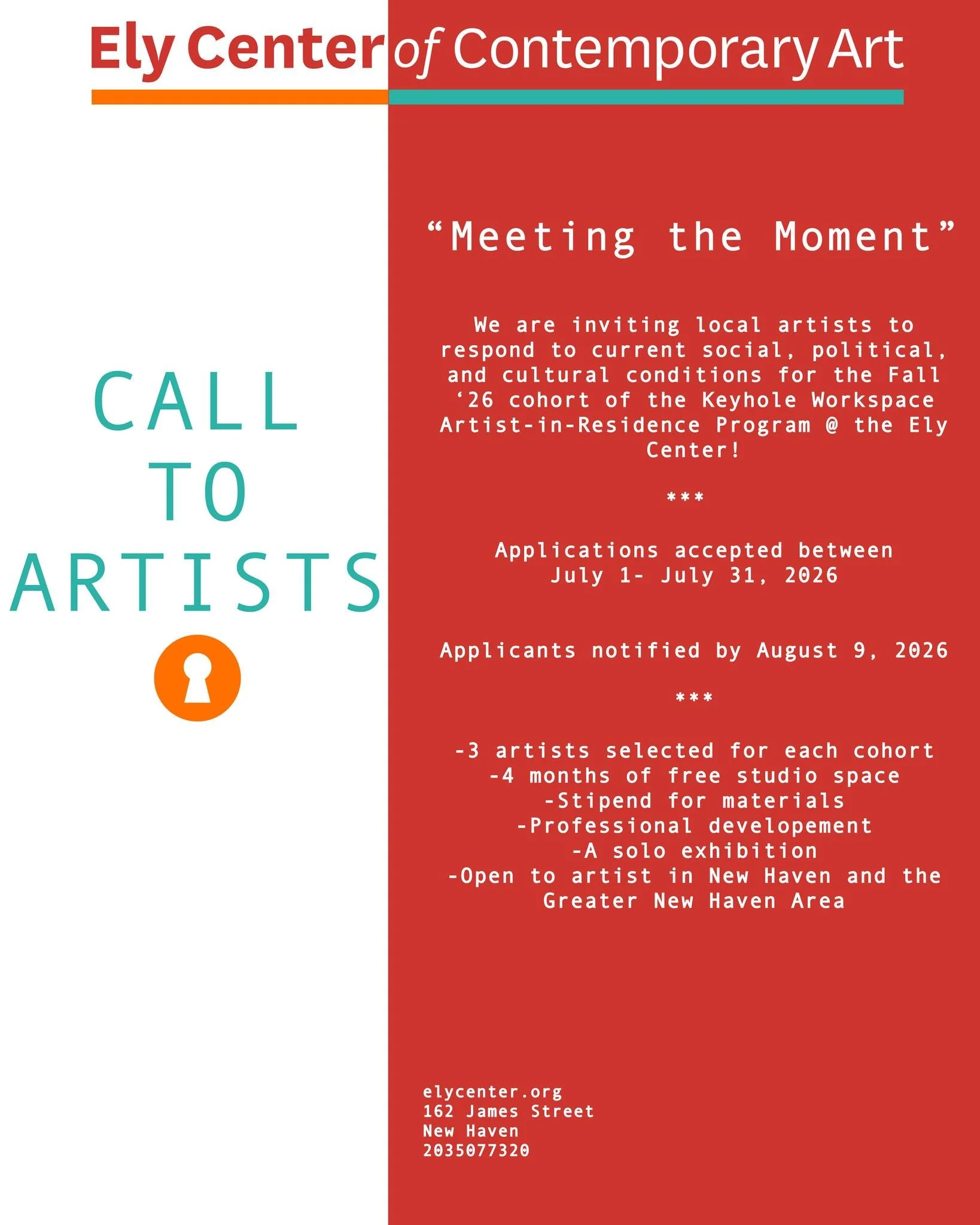 CALLING New Haven and Greater New Haven Artists!
Our application cycle for the Fall '26 Keyhole Workspace Artist-in-Residence Program is LIVE!!!!
We are accepting submissions throughout the month of July! 
Deadline is July 31, 11:59pm!
The theme is &