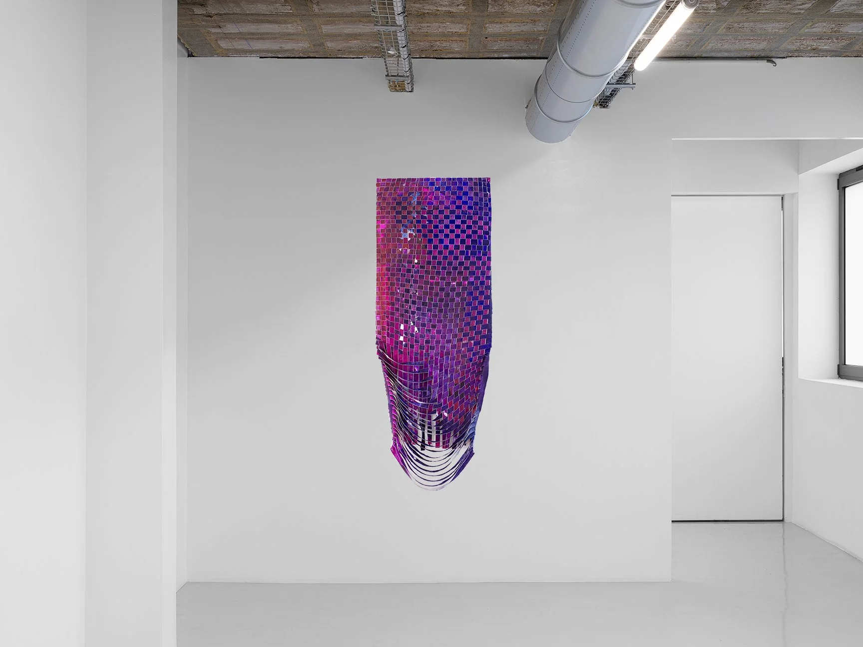 Linda Colletta

Snake Eyes, 2024, Acrylic on canvas, LED light

I approach weaving as a painter first. That distinction drives everything. I pool diluted acrylic paint onto raw canvas, building translucent, filmy layers over weeks, then tear the drie