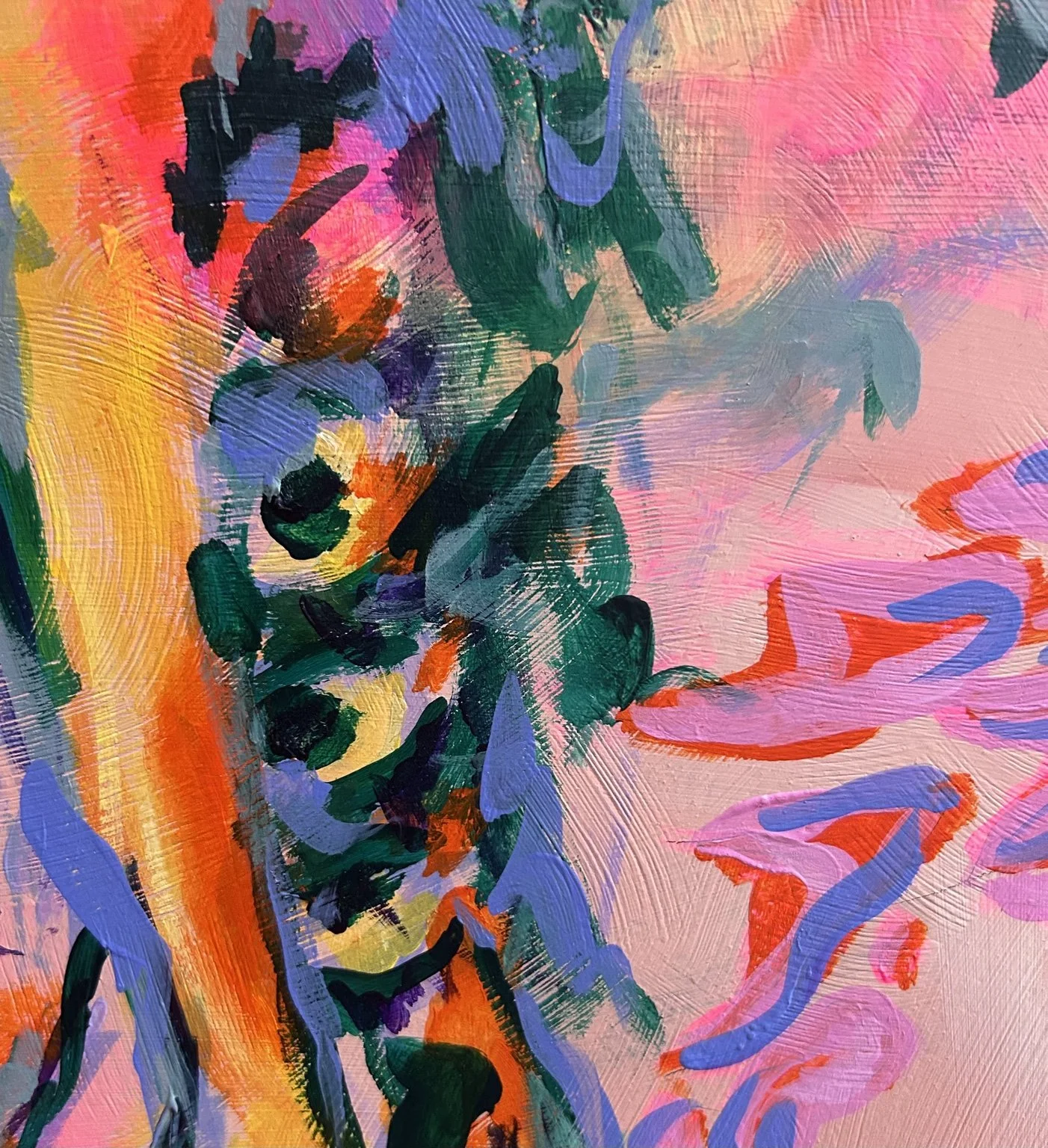 Abstract colorful painting with pink, purple, green, orange, yellow, and black brushstrokes.
