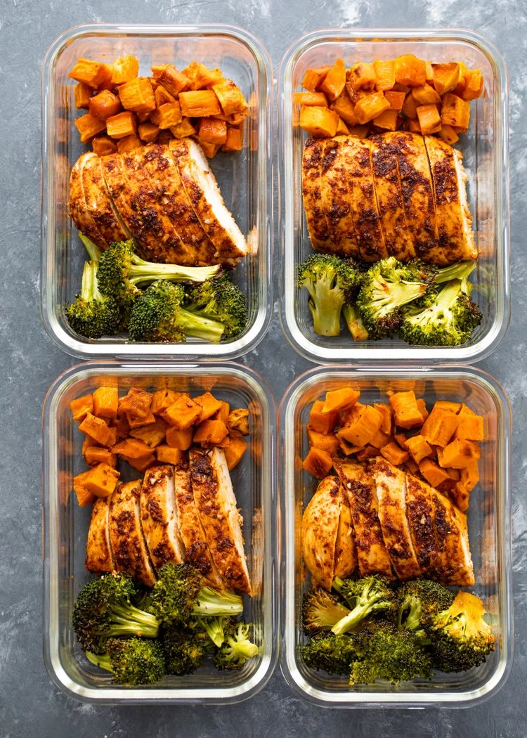 Greek-seasoned chicken breast with baked sweet potato and broccoli