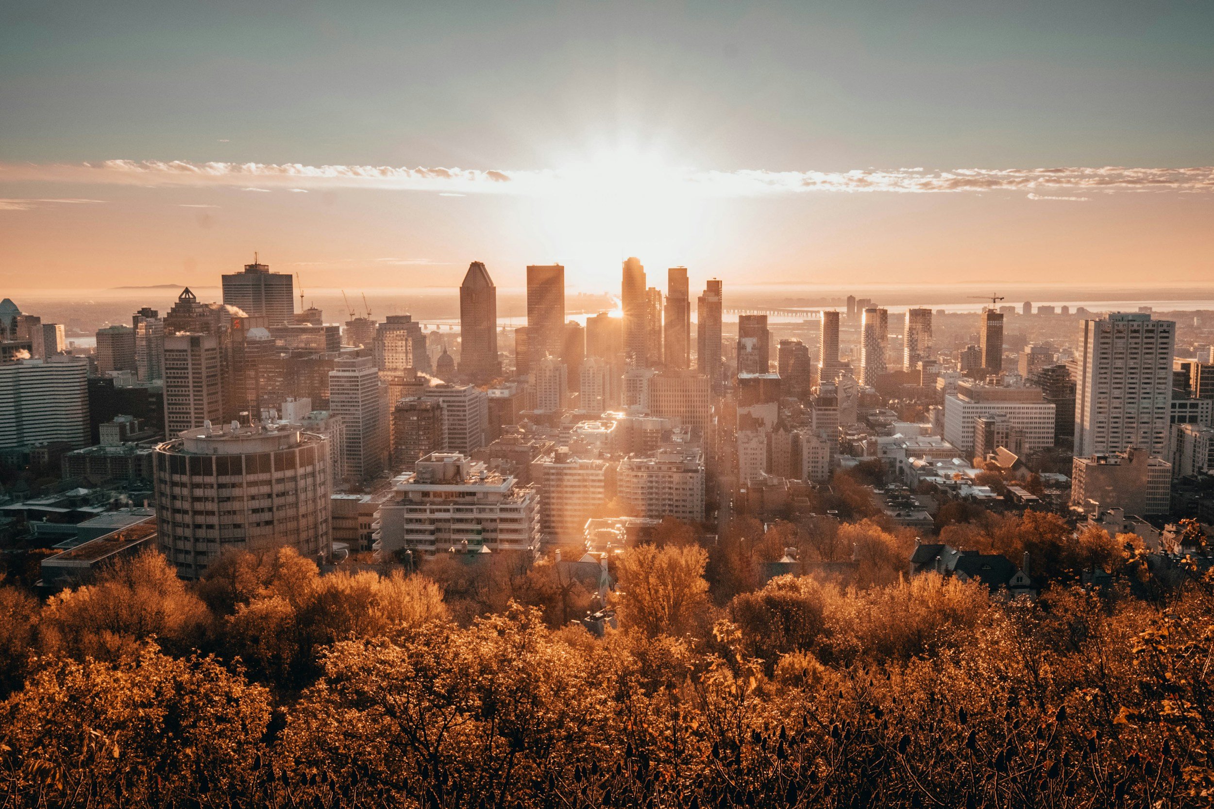 Vue panoramique d'une ville en début de matinée ou au coucher du soleil avec des gratte-ciels modernes et un ciel partiellement nuageux amplifié par la lumière du soleil à l'horizon. En premier plan, il y a des arbres aux feuilles automnales.