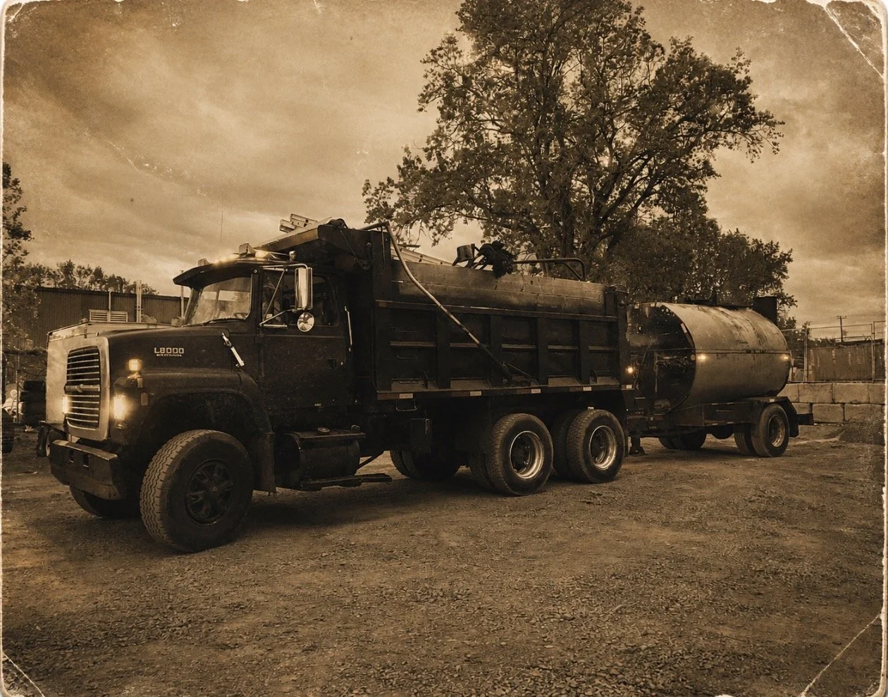 Un camion-citerne noir stationné en plein air avec un arbre en arrière-plan, sous un ciel nuageux