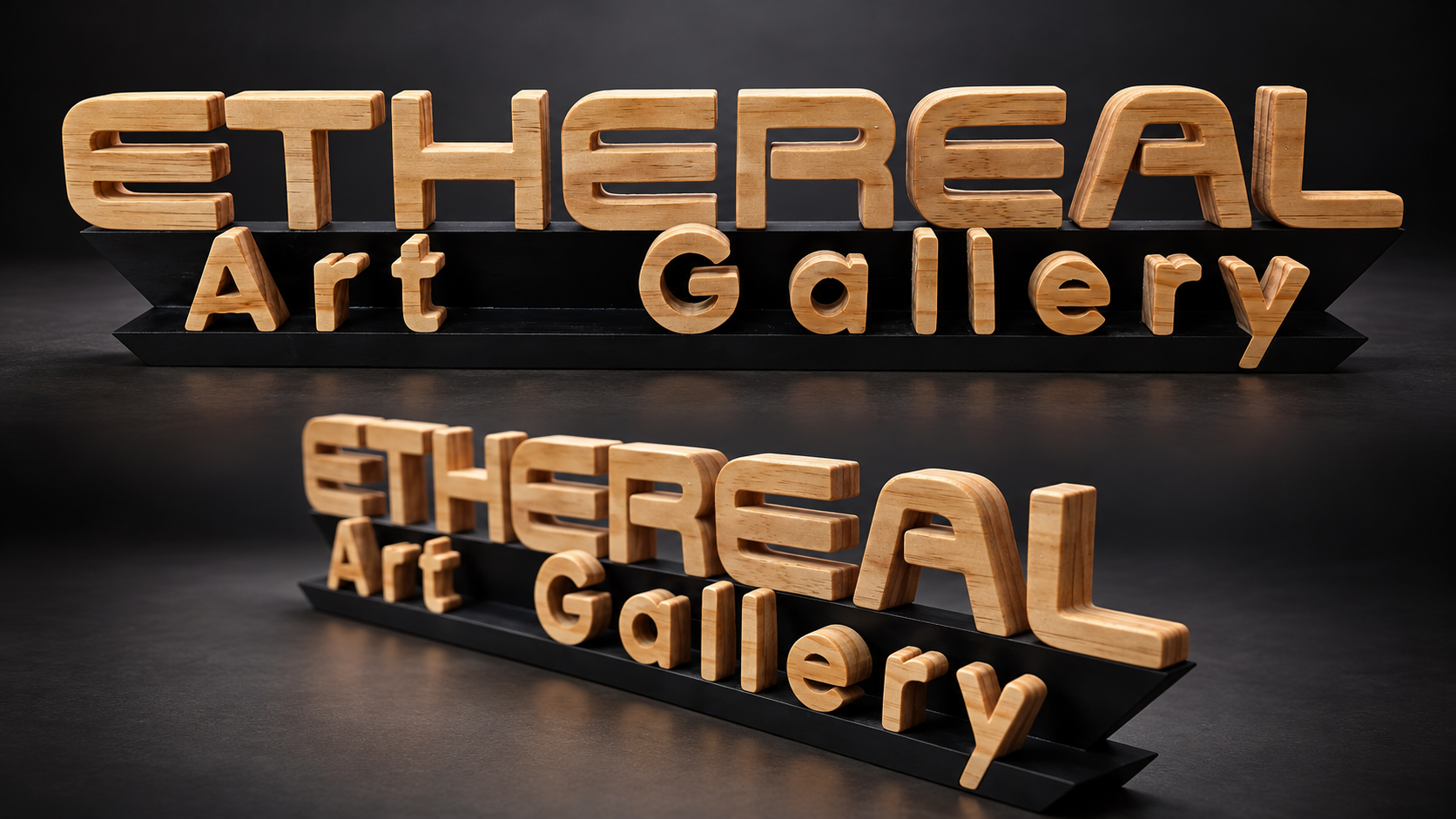 Dimensional hardwood lettering spelling “Ethereal Art Gallery” on a black display base.