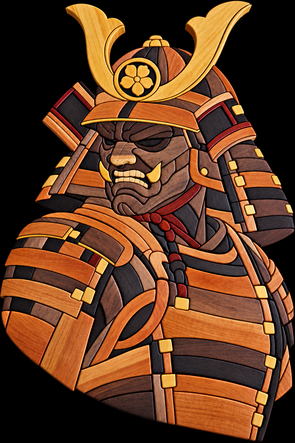 A wooden mosaic sculpture of a samurai warrior in armor, wearing a traditional helmet with a decorative crest, set against a black background.