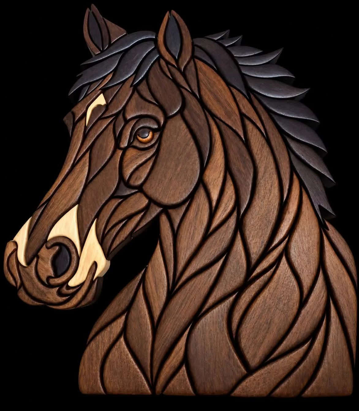 Wooden sculpture of a horse's head with detailed carved mane and features, set against a black background.