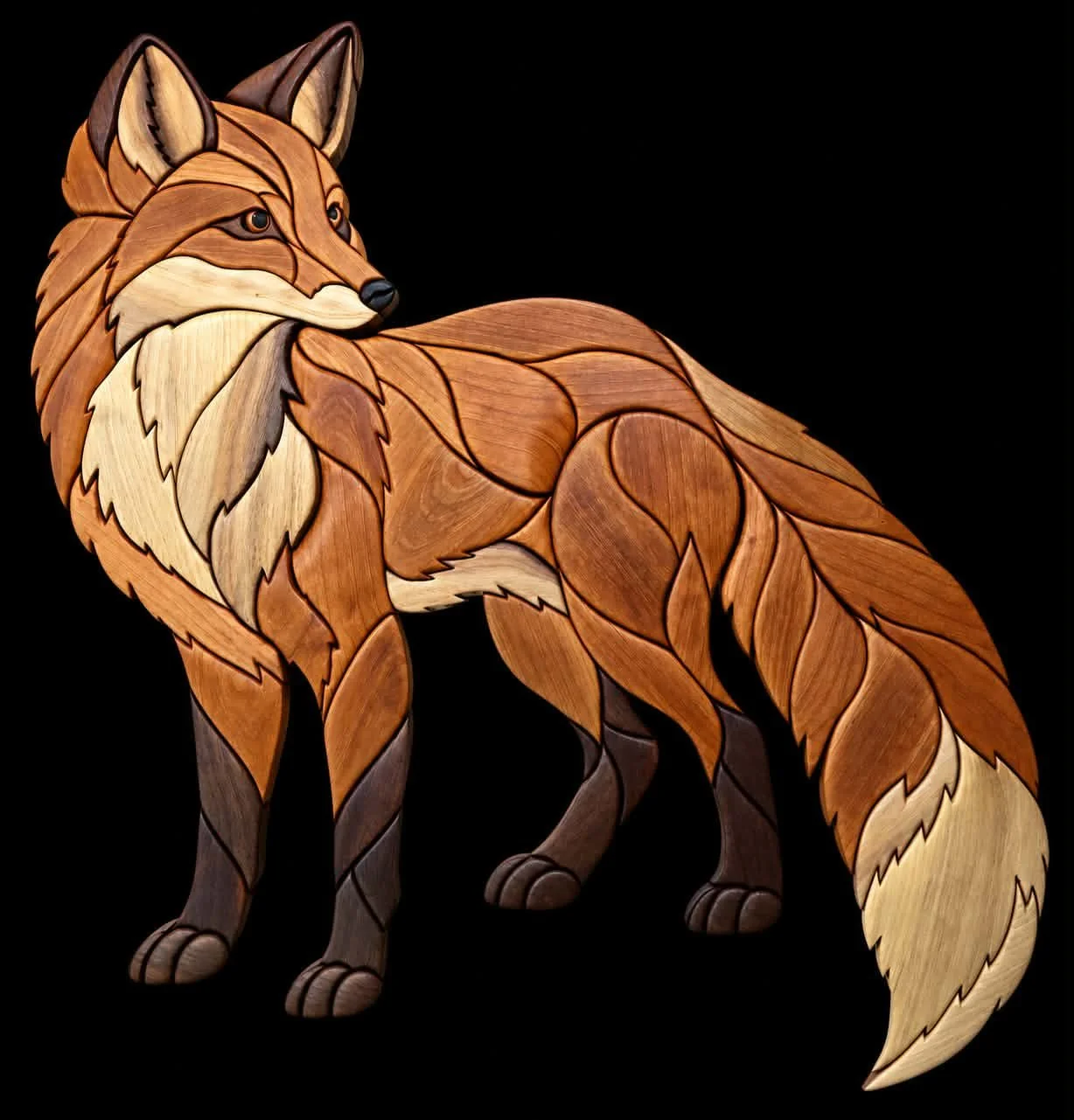 Wooden art of a fox with detailed fur, ears, and tail against a black background.
