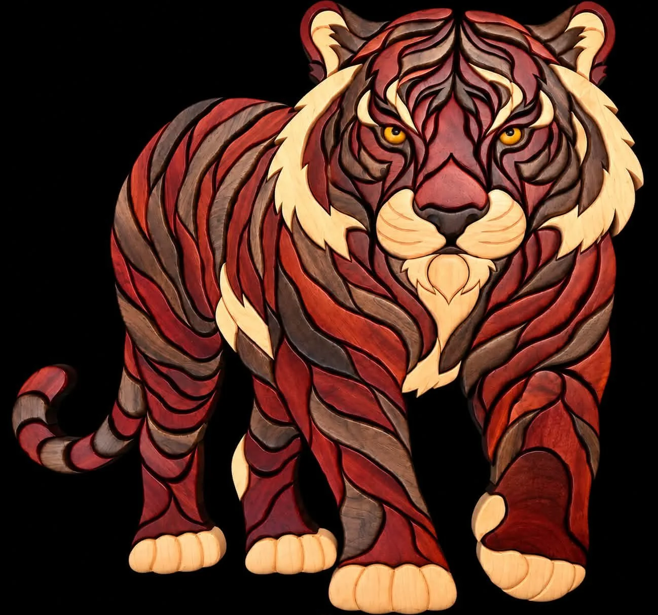 Wooden tiger sculpture with intricate carved details, featuring orange, brown, beige, and black tones on a black background.