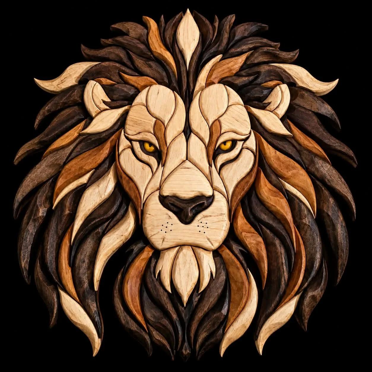 A wooden wall art sculpture of a lion's face with a detailed mane, including various shades of brown, cream, and black wood, set against a black background.