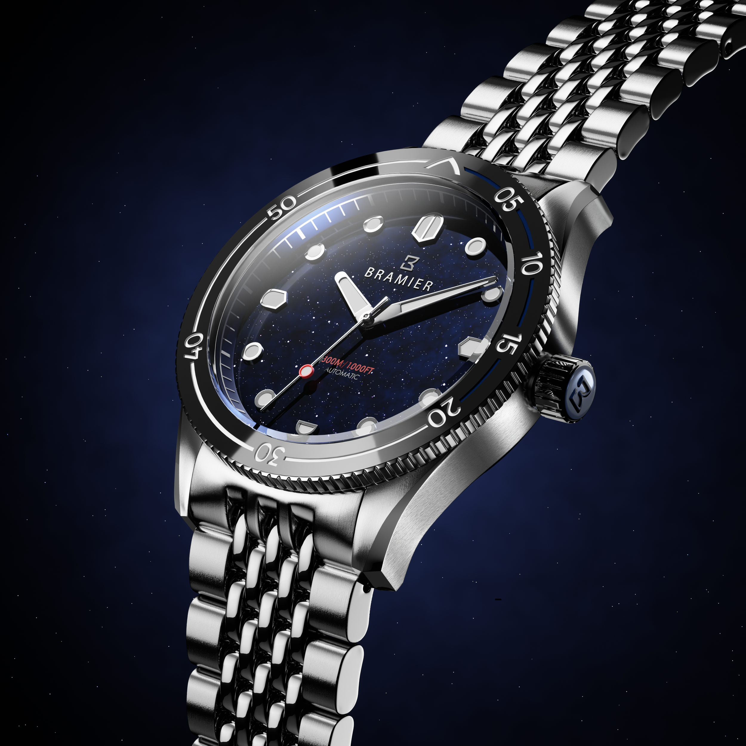 Orologio subacqueo in acciaio inossidabile con fondo nero e dettagli bianchi, sfondo dello spazio con stelle.