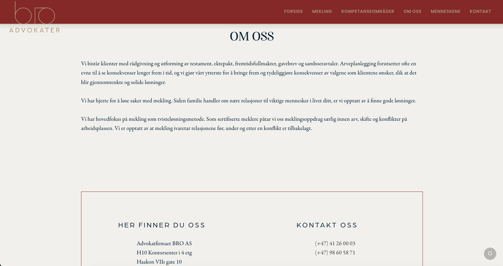 Nettside for advokatfirmaet BRO AS med overskriften "OM OSS" og kontaktinformasjon nederst.