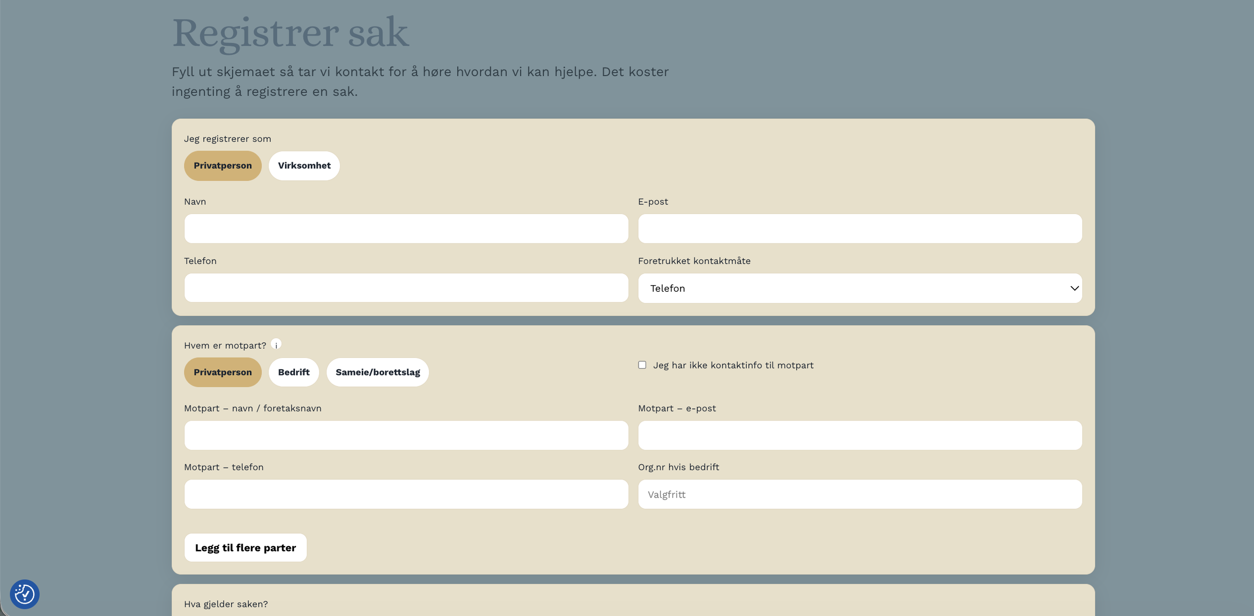 Et skjermbilde av et online skjema for å registrere en sak, med felter for navn, telefon, e-post, og valg mellom privatperson eller virksomhet som registrant, samt motpart informasjon.