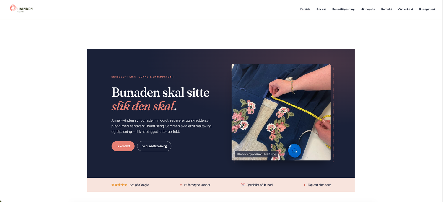 Den nye nettsiden til Hvinden Design, skjermbilde 1