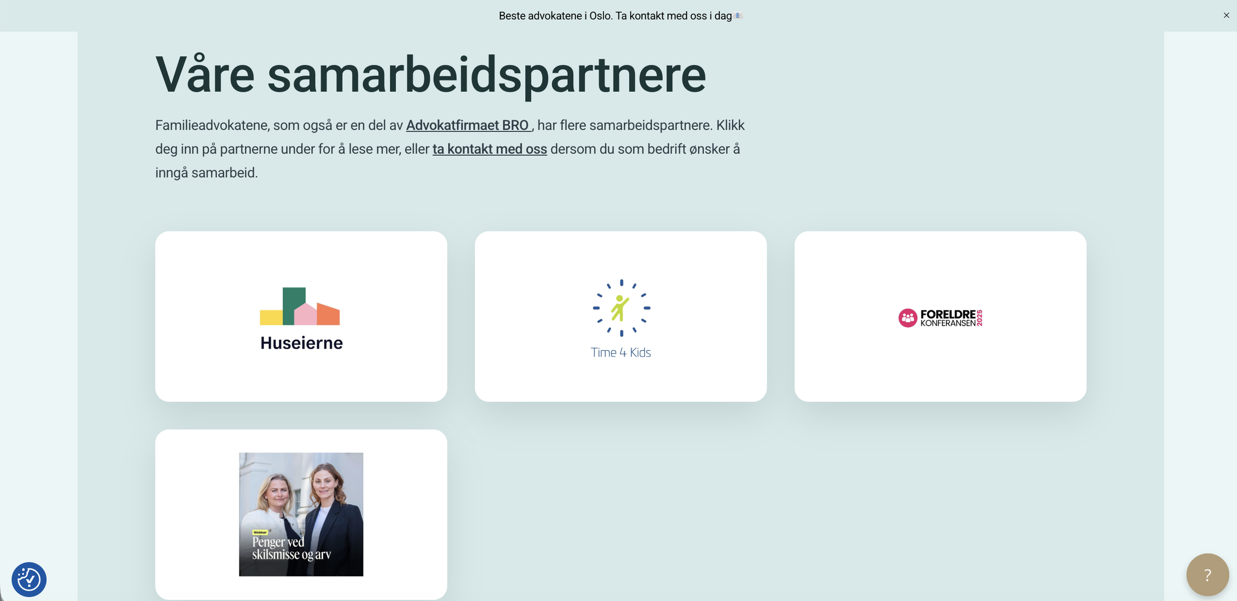 Skjermbilde av en nettside som viser samarbeidspartnere med logoer, bilder og tekst på norsk. Topptekst inkluderer 'Våre samarbeidspartnere' og navigasjonslenker.