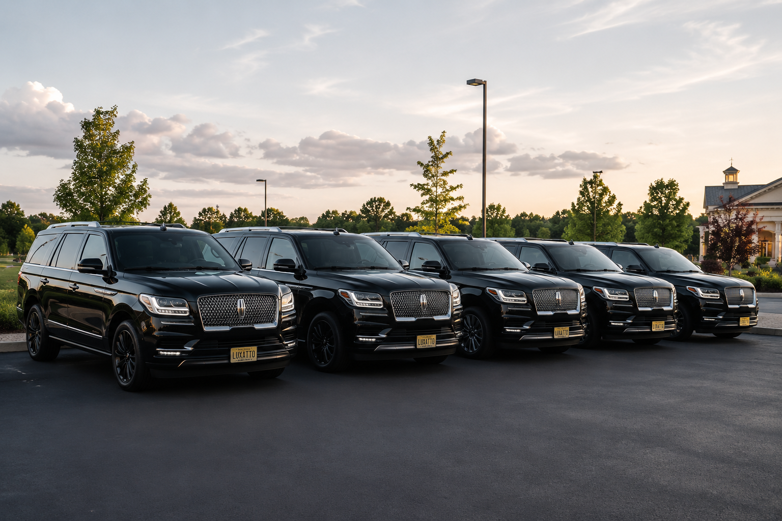 Five black Lincoln SUVs parked in a row on a paved lot during sunset, with trees, a lamp post, and a building in the background.
