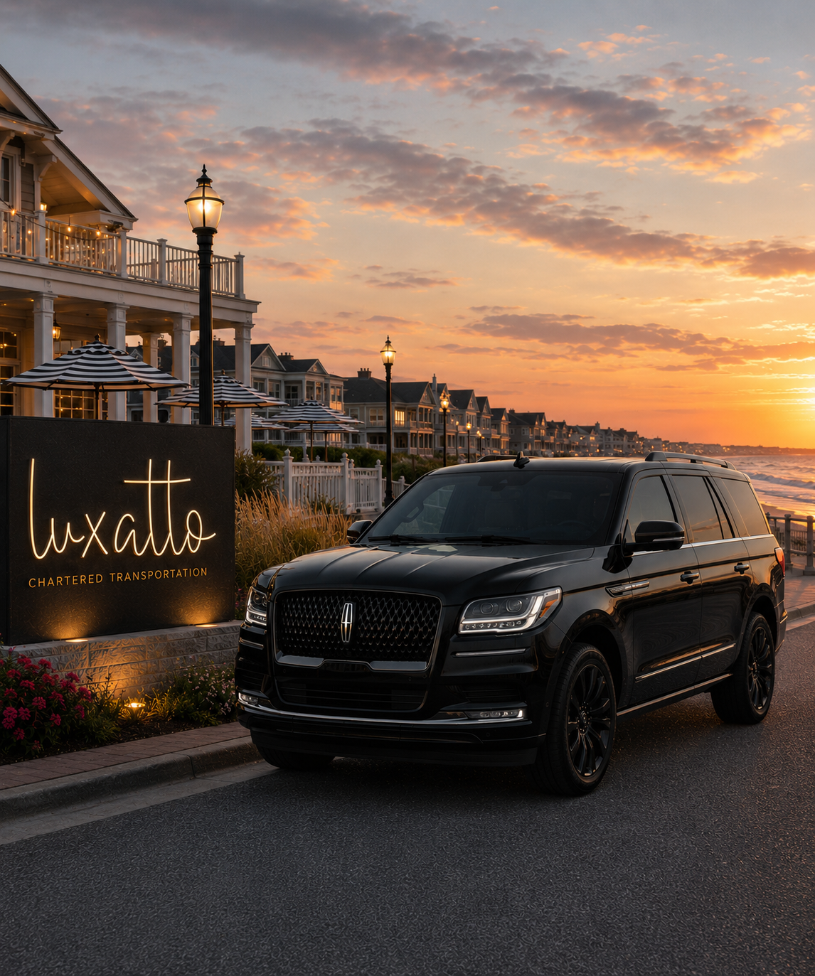 Black Lincoln Navigator SUV parked near a beachfront charter transportation service called 'Luxatto' at sunset, with colorful sky, beach houses, street lamps, umbrellas, and ocean in the background.