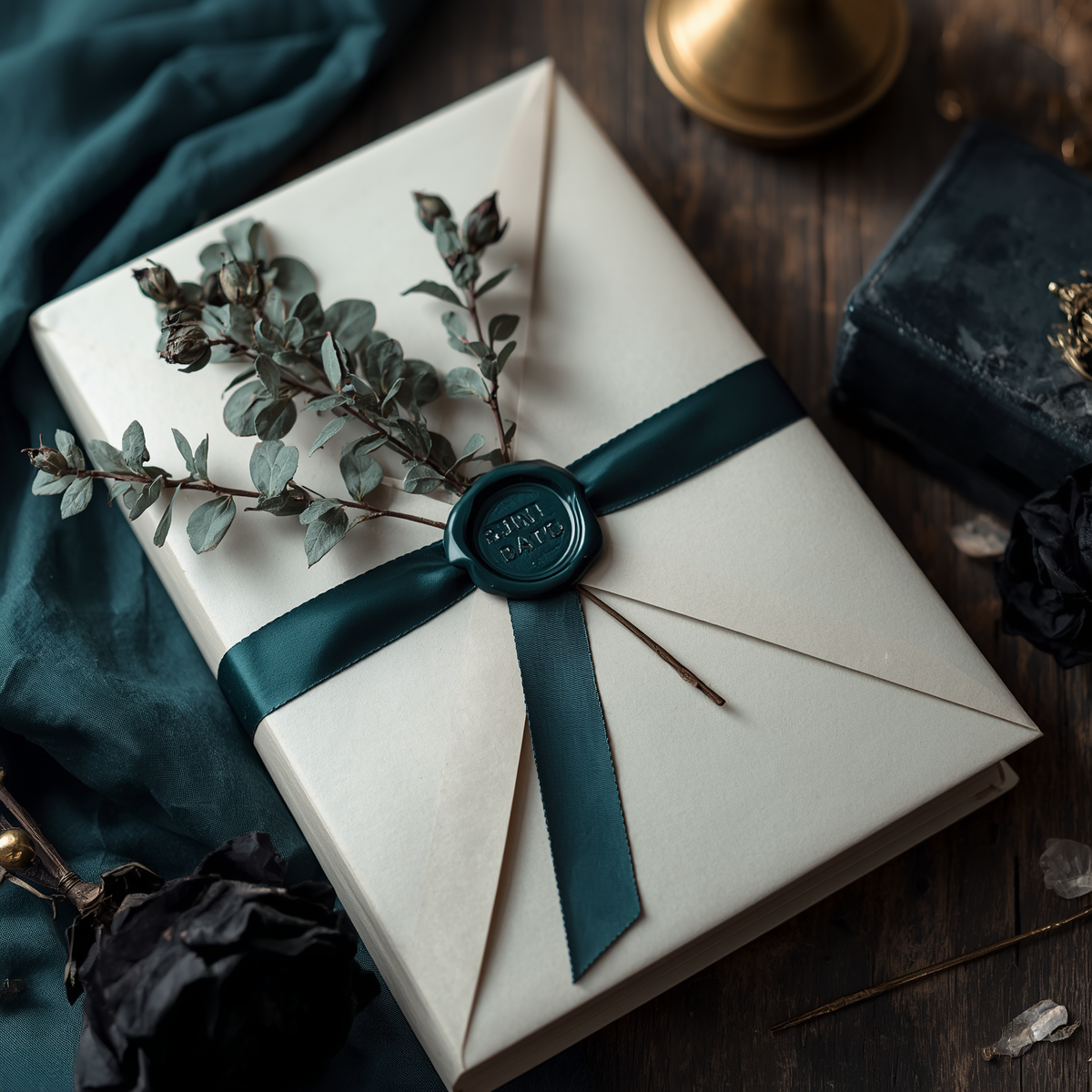 A gift wrapped in white paper with a dark green ribbon, decorated with a sprig of greenery and a dark green wax seal, placed on a wooden surface with other wrapped items and decorative objects around.