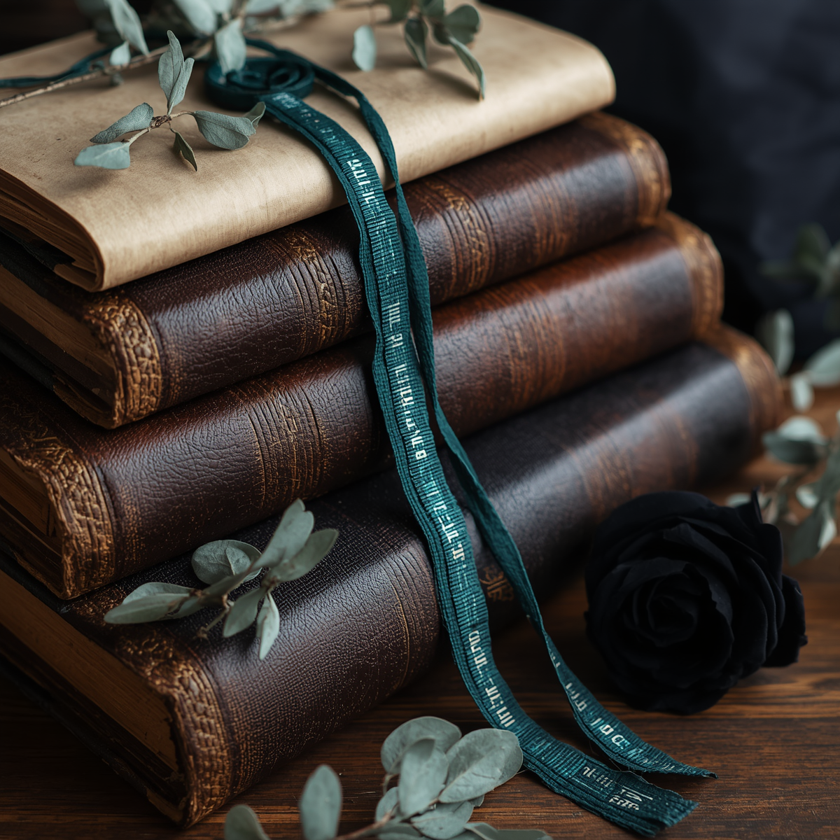A stack of four vintage brown leather books with a teal measuring tape draped over them, surrounded by eucalyptus leaves and a black rose, on a wooden surface.