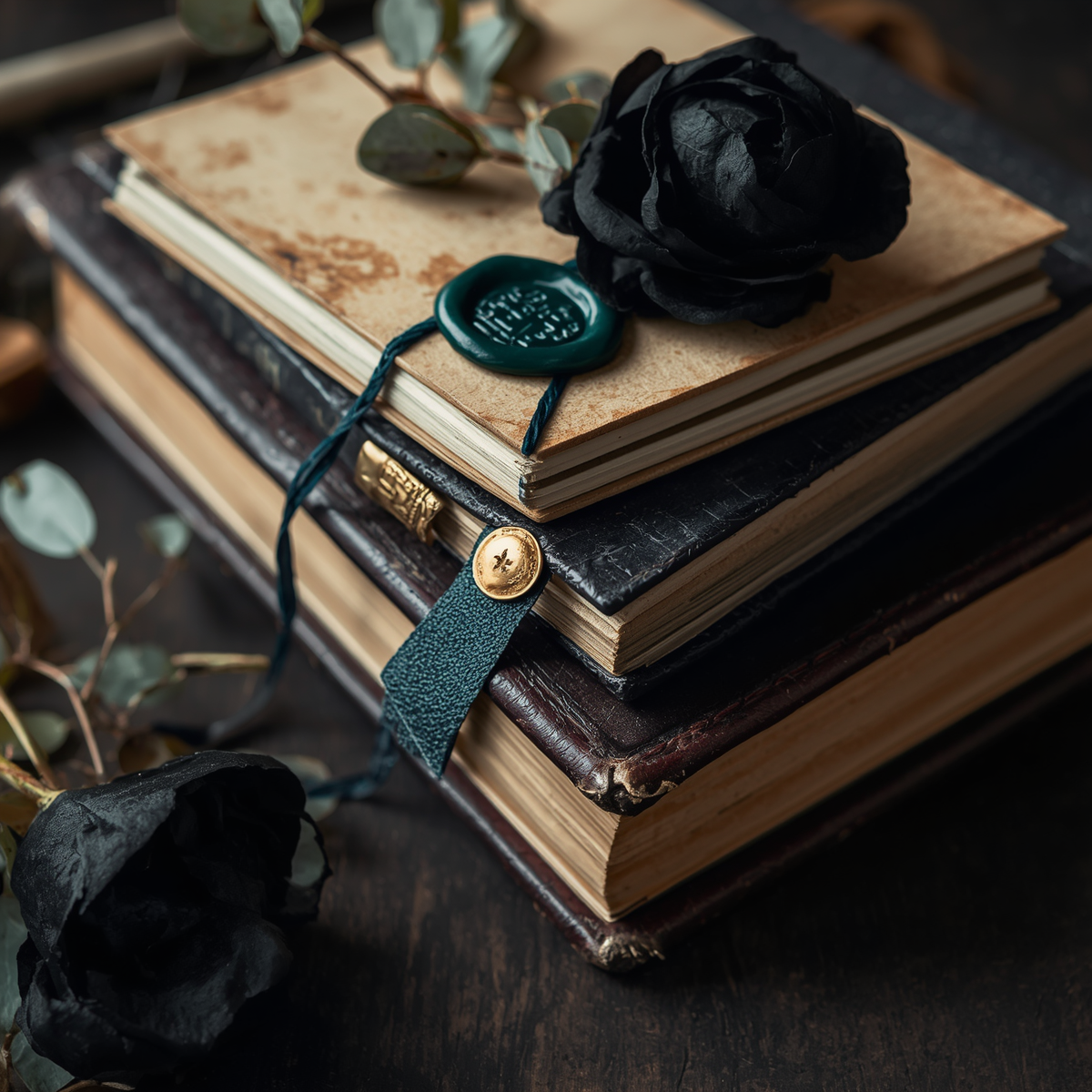 A black rose and a green wax seal with a string on top of an old, weathered book with a patterned black cover, stacked on top of two other books on a dark wooden surface.