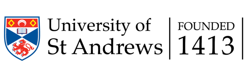 The University of St. Andrews logo with a shield featuring a book, a red lion, and geometric shapes, and the text "University of St. Andrews".