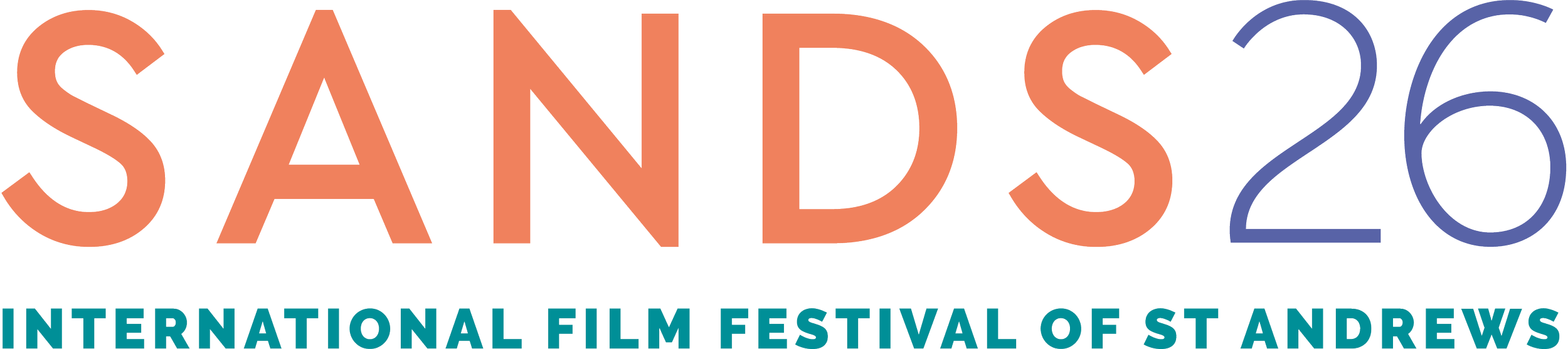 Text reads 'SAND26 INTERNATIONAL FILM FESTIVAL OF ST. ANDREWS' in teal below large stylized Letters spelling 'SAND26' with 'SAND' in peach and '26' in blue.
