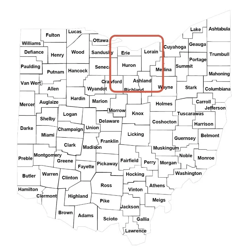 Map of Ohio counties with a red rectangle outlining Erie, Lorain, Huron, and Ottawa counties in the north-central region.