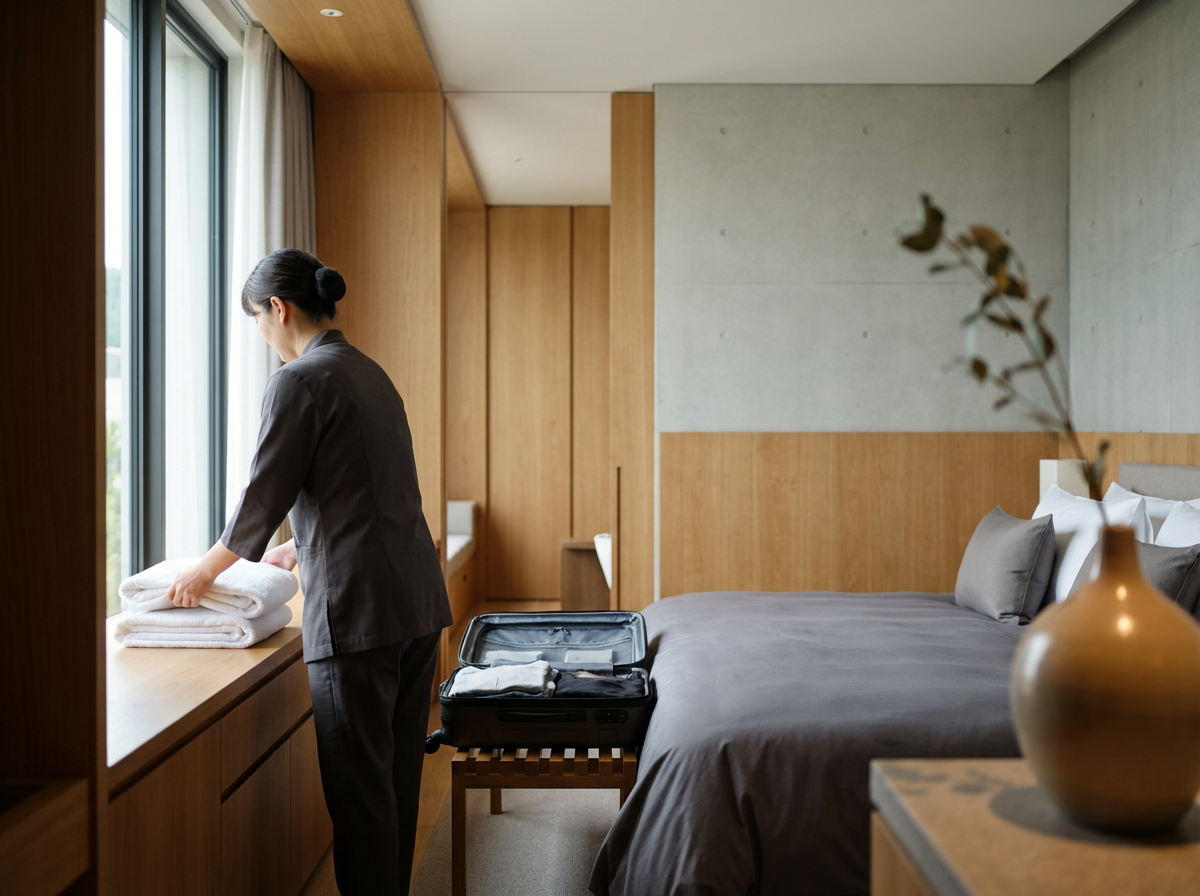 A woman in black clothing folding white towels on a wooden dresser by a large window in a hotel room with a bed and a suitcase.
