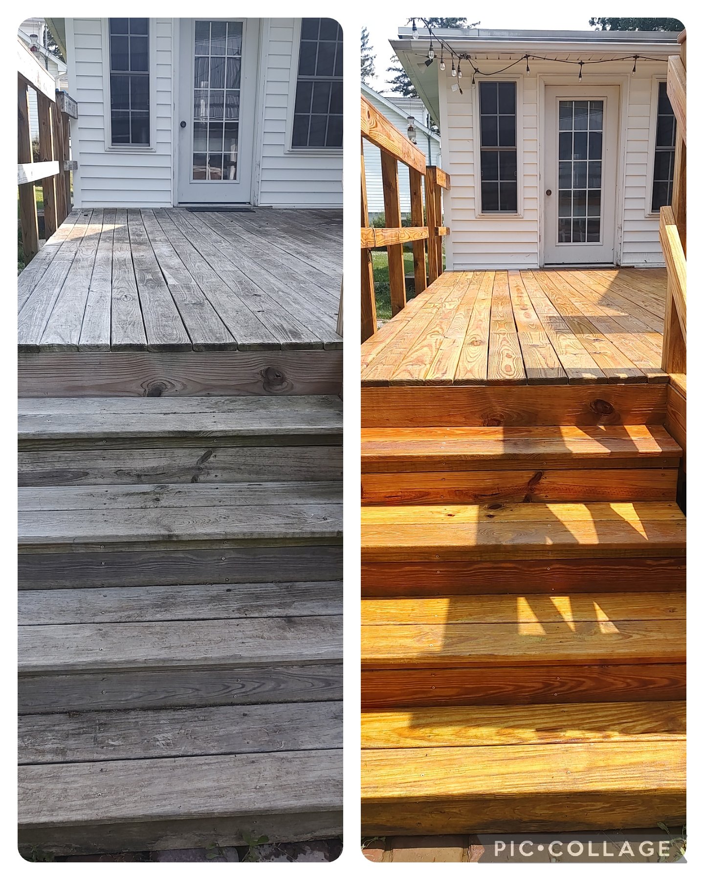 Comparison of a weathered gray wooden deck on the left and a newly stained bright wood deck on the right, both attached to house backdoors with large windows, with outdoor string lights overhead.