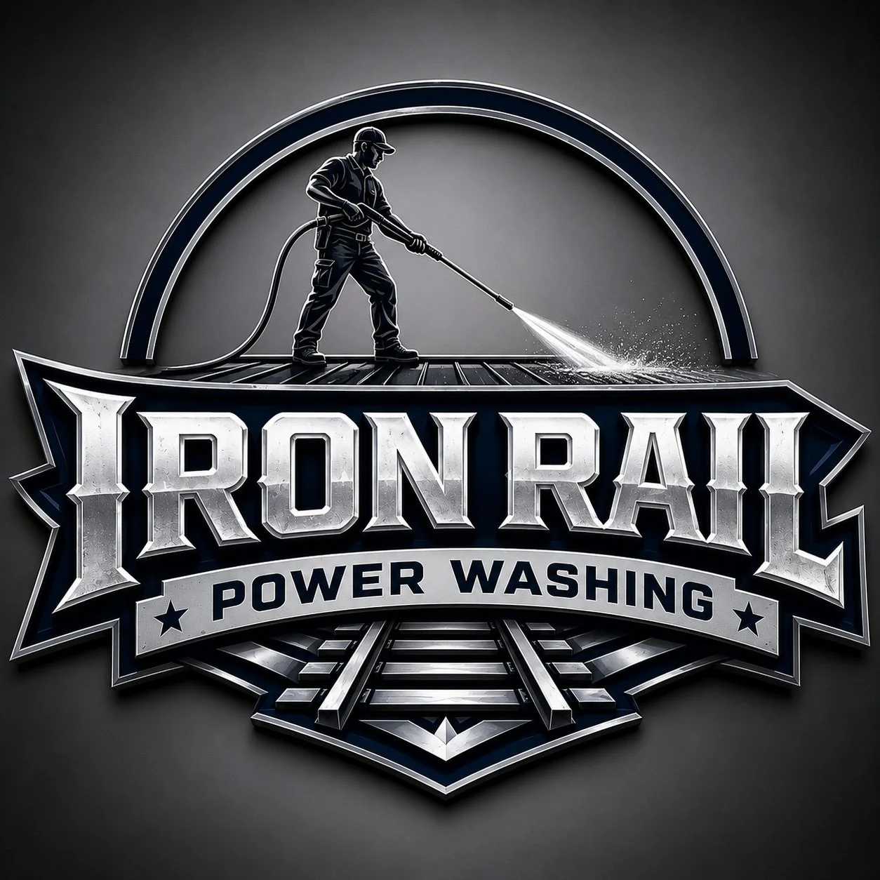 A logo for Iron Rail Power Washing featuring a man in work clothes and safety helmet power washing a track, with the text 'Iron Rail' in metallic font and 'Power Washing' below.