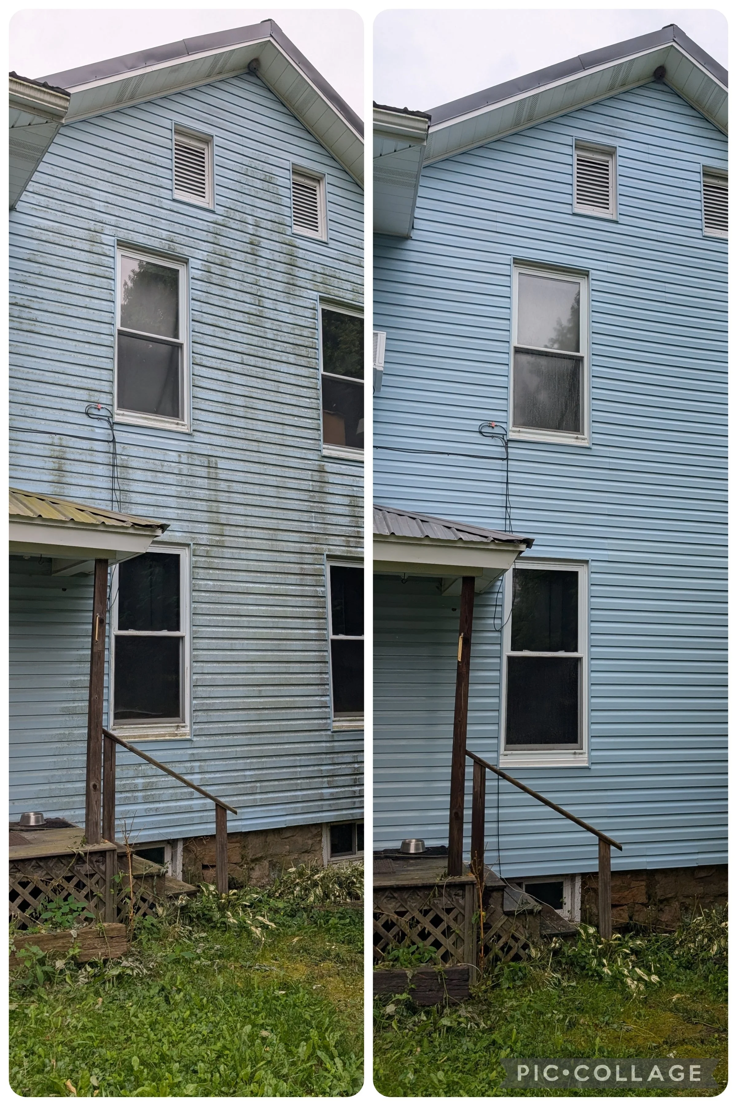 Side-by-side comparison of house exterior showing before and after cleaning. The left side depicts house siding with visible dirt, mold, and grime. The right side shows the same siding after cleaning, appearing bright and free of stains.