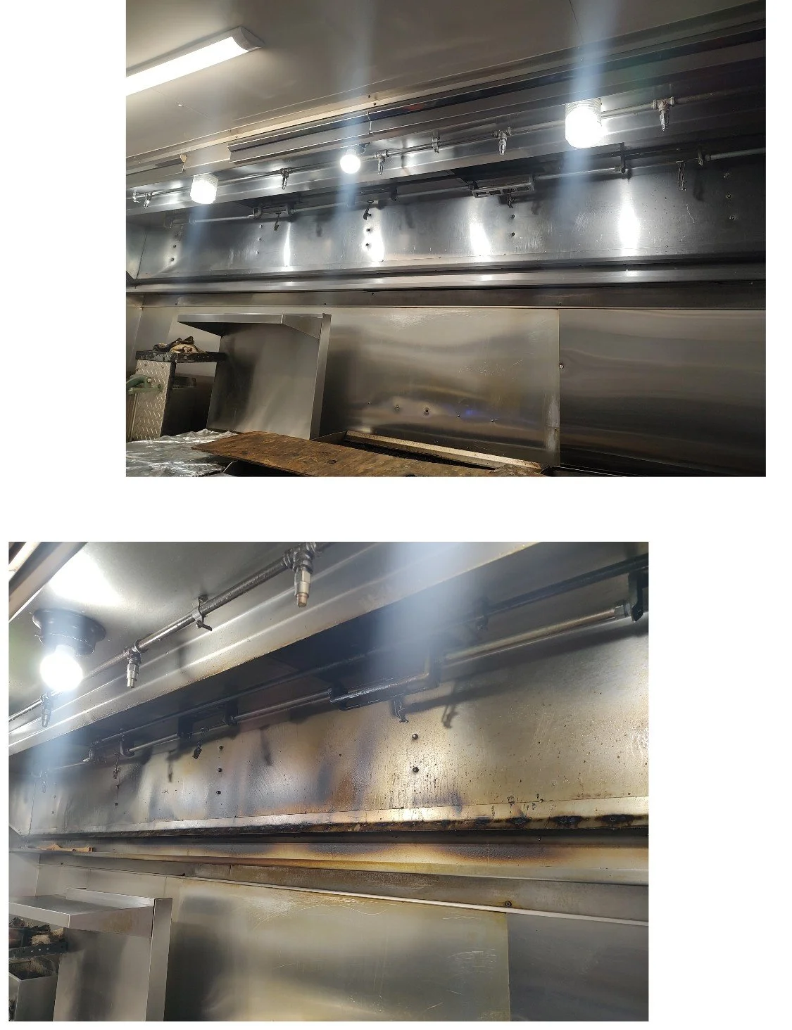 Two images of a stainless steel commercial kitchen exhaust hood with lights and surroundings showing signs of use and some rust.