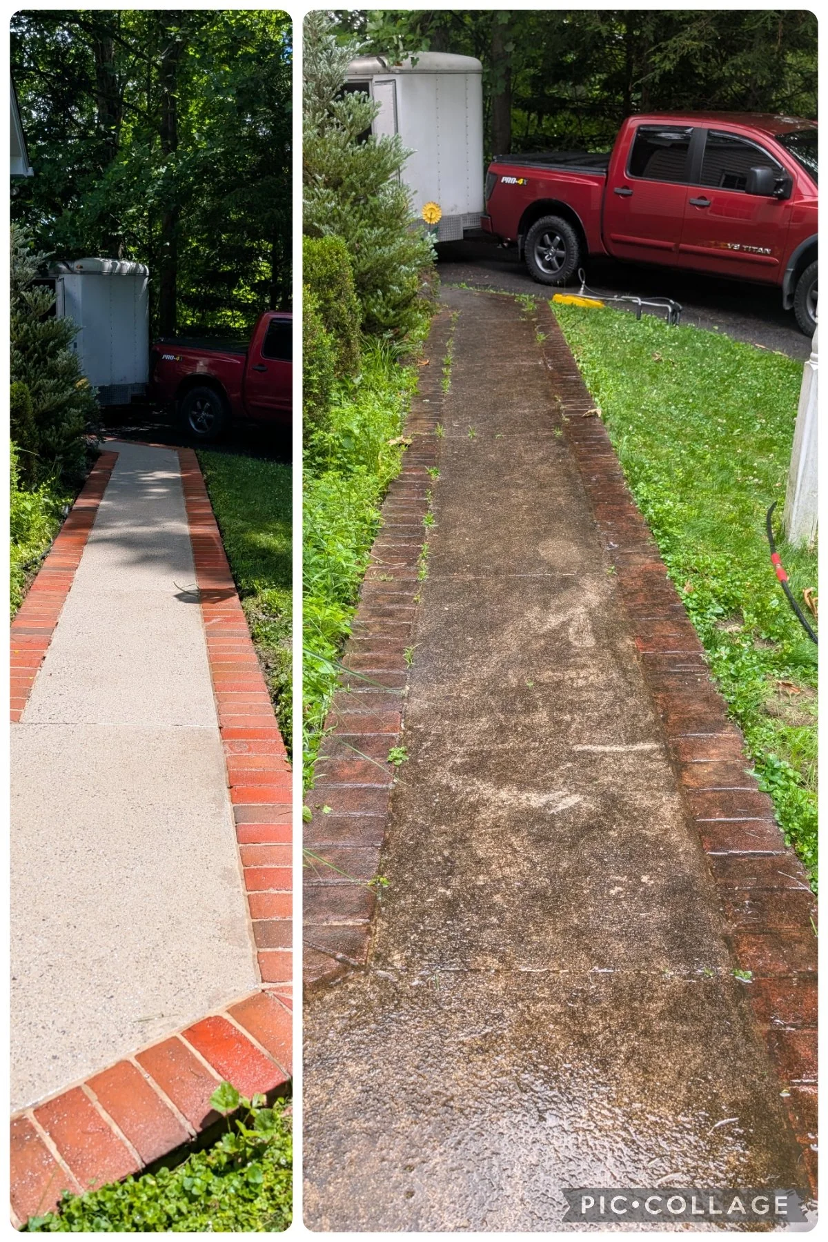 Comparison of two concrete walkways; the left walkway is clean and well-maintained with brick border, while the right walkway is dirty, weathered, and has grass and weeds growing along the edges.