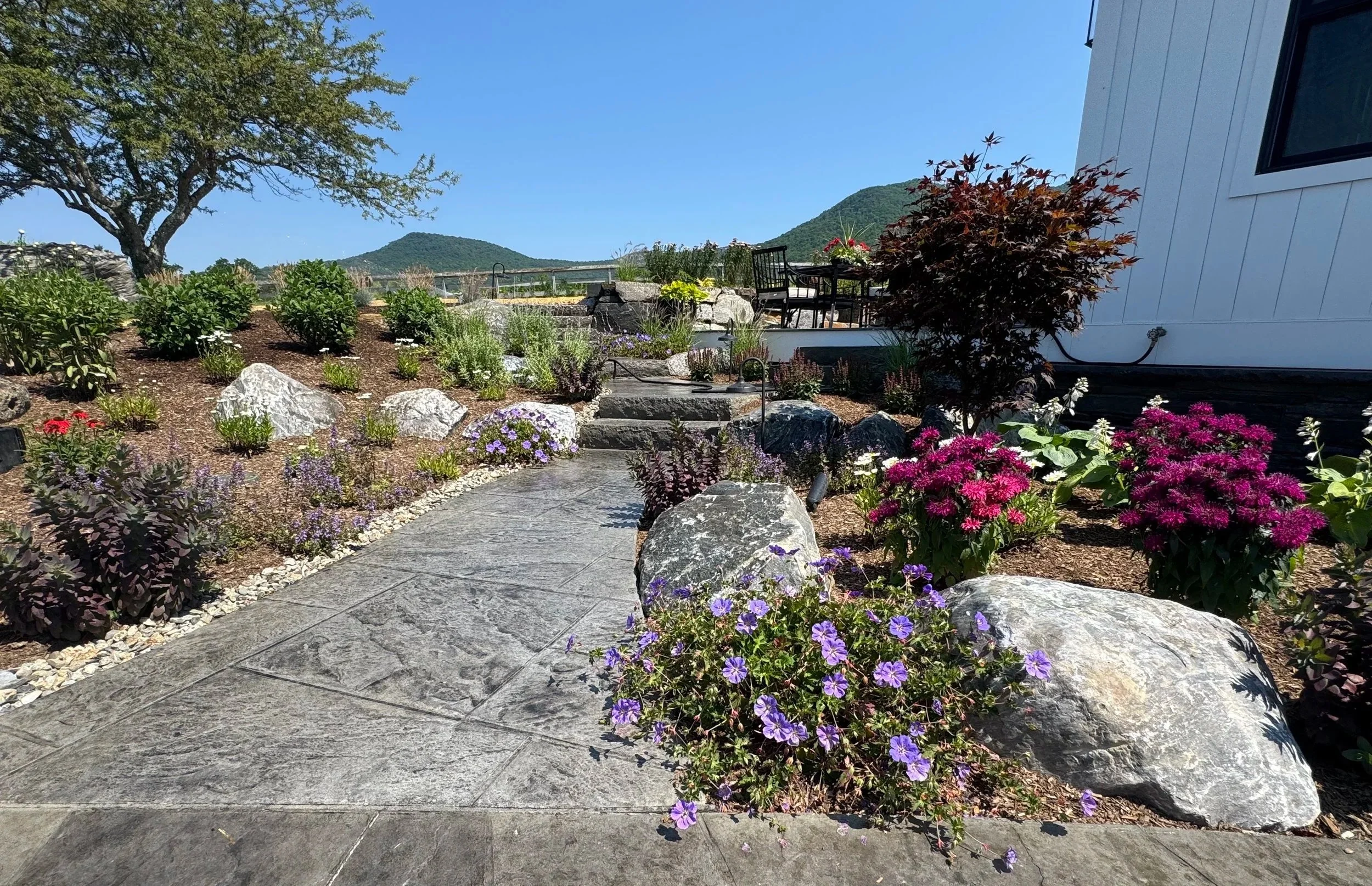 A landscaped garden with a stone pathway, a variety of colorful flowers, shrubs, and trees, set against a backdrop of mountains and a clear blue sky.