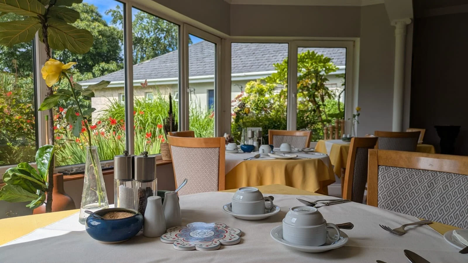 A dining area with a round table set with white cups, saucers, silverware, and a blue bowl, near a large window with a view of green trees and plants outside.