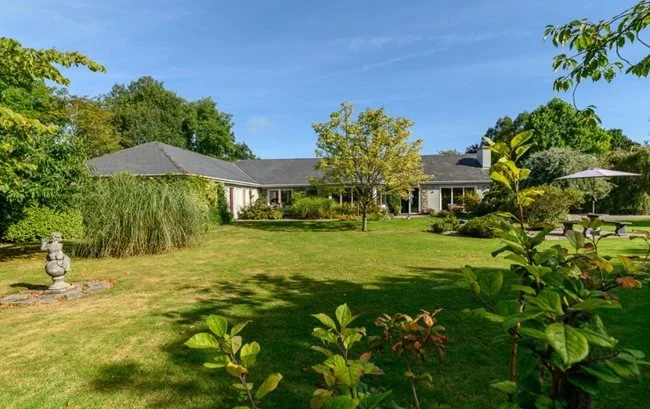Large backyard with well-maintained lawn, trees, bushes, and a house in the background, under a blue sky.
