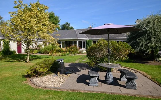 Backyard with table, four benches, umbrella, trees, and a house in the background.