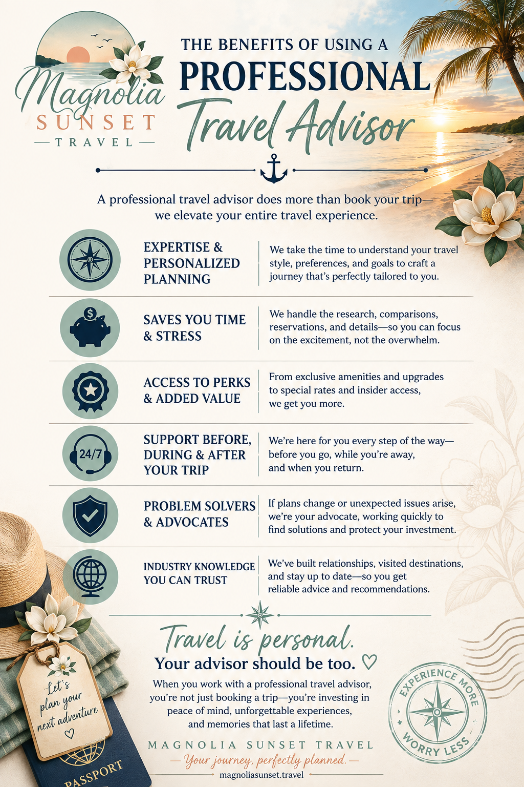 A travel infographic with a sunset on a beach and palm trees, promoting the benefits of using a professional travel advisor, with icons and text outlining services like personalized planning, time-saving, access to perks, support, problem solving, and industry knowledge, decorated with flowers and travel-related items.