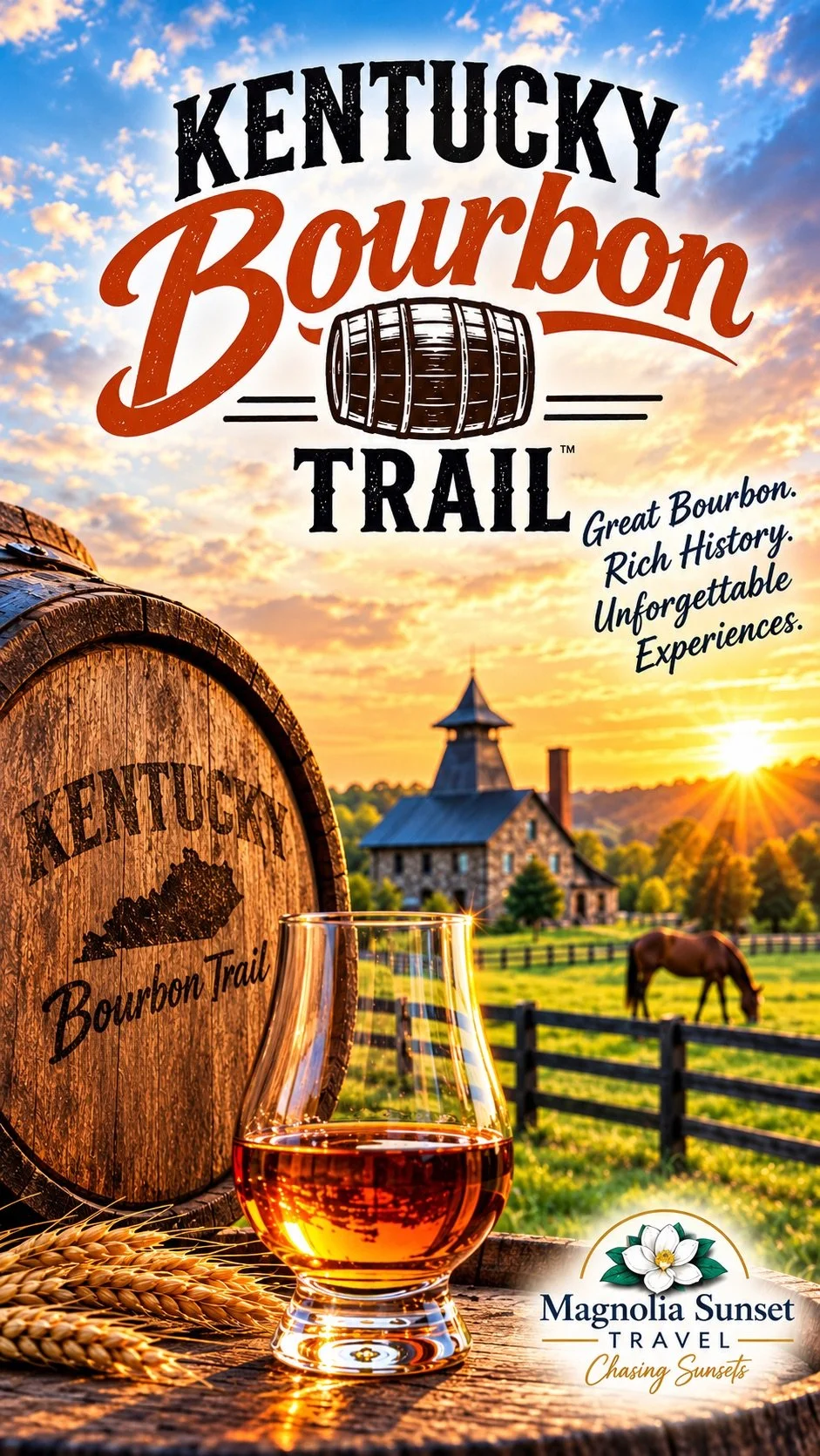 A promotional poster for Kentucky Bourbon Trail with a background of a farm scene at sunset, showing a barn, horse, and fields. The poster features a wooden barrel and a glass of bourbon, with text highlighting Kentucky's bourbon history and experien