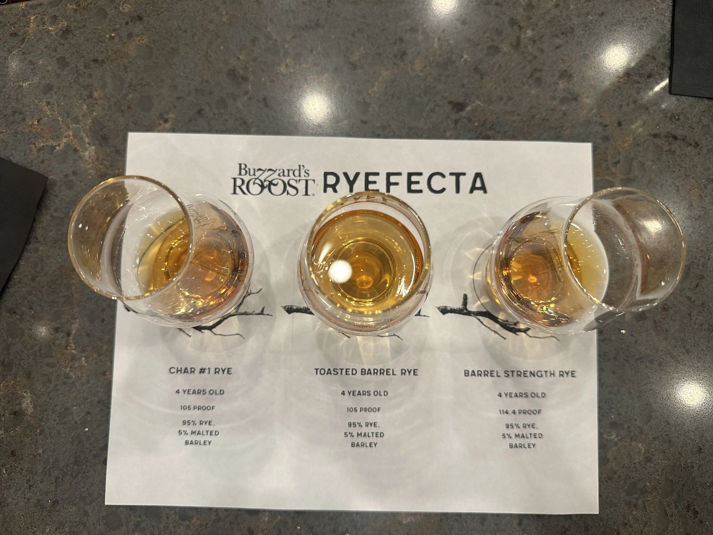 Three glass samples of whiskey on a grey surface with tasting notes paper underneath. The paper mentions Buzzard's Roost Rye, toasted barrel rye, and barrel strength rye, with details about aging, proof, rye percentage, malt content, and barley.