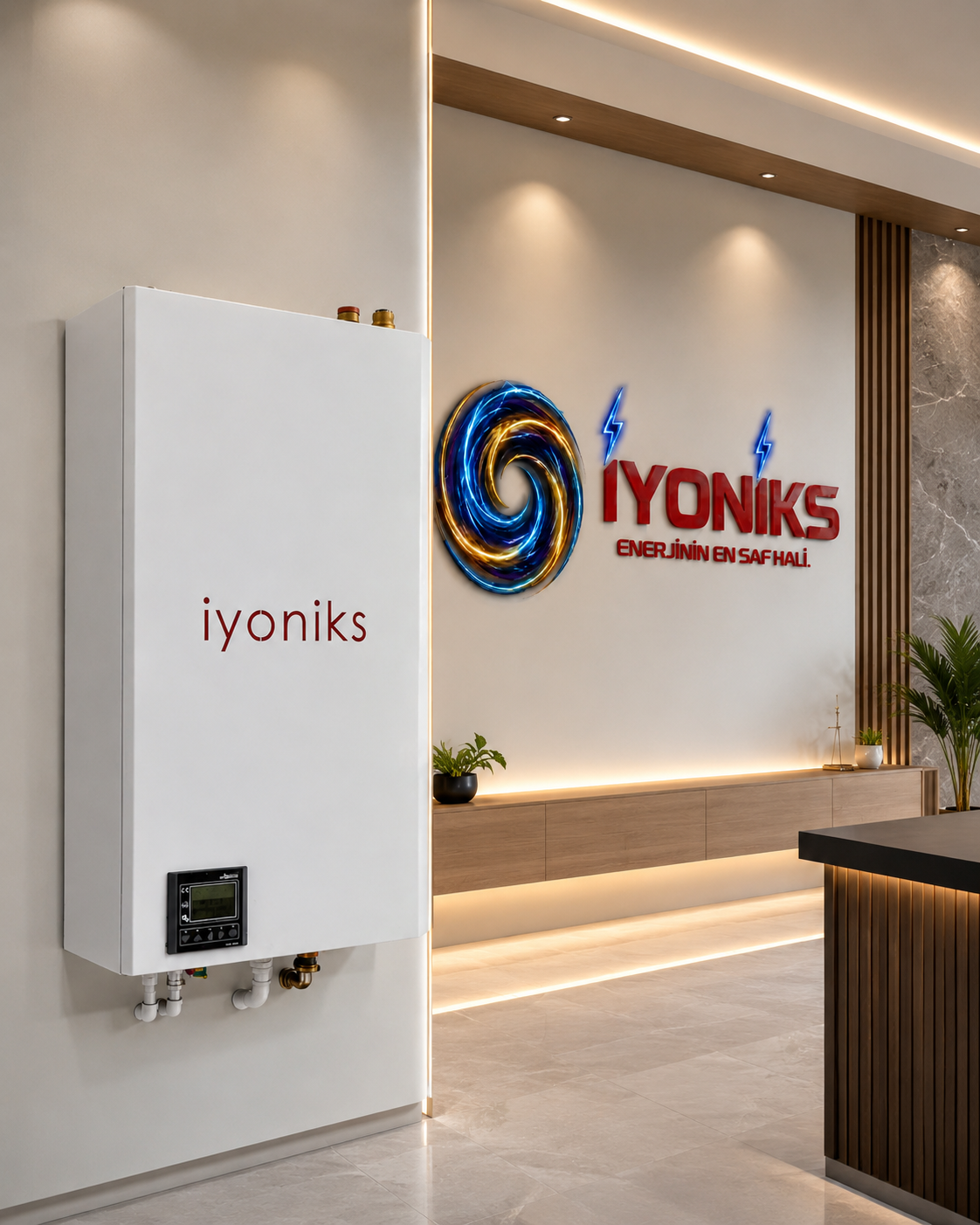 Modern office interior with a white wall-mounted boiler labeled 'iyoniks,' a colorful spiral logo, and illuminated signs reading 'YONIKS' and Turkish slogan beneath. Decor includes small potted plants and wood paneling.